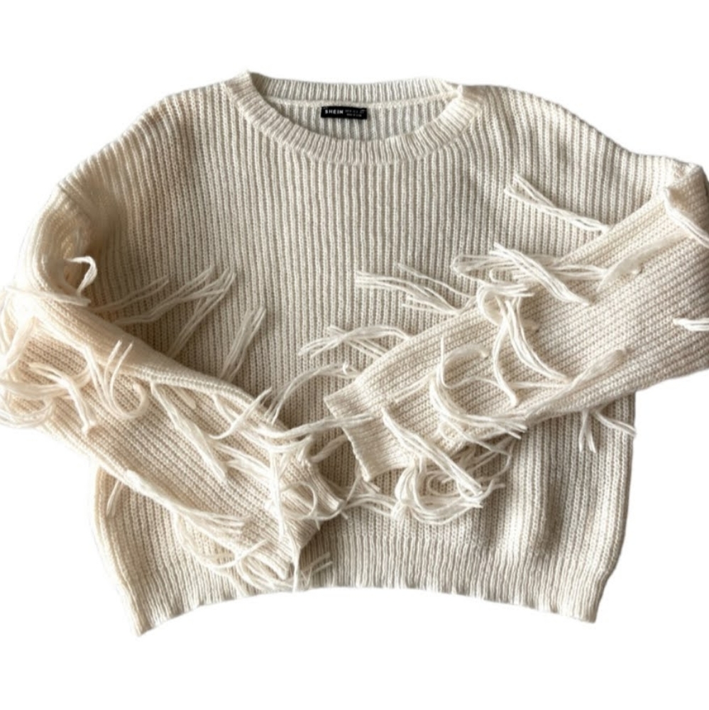 Shein Cream Ribbed Sweater With Fringe Womens Size Medium New